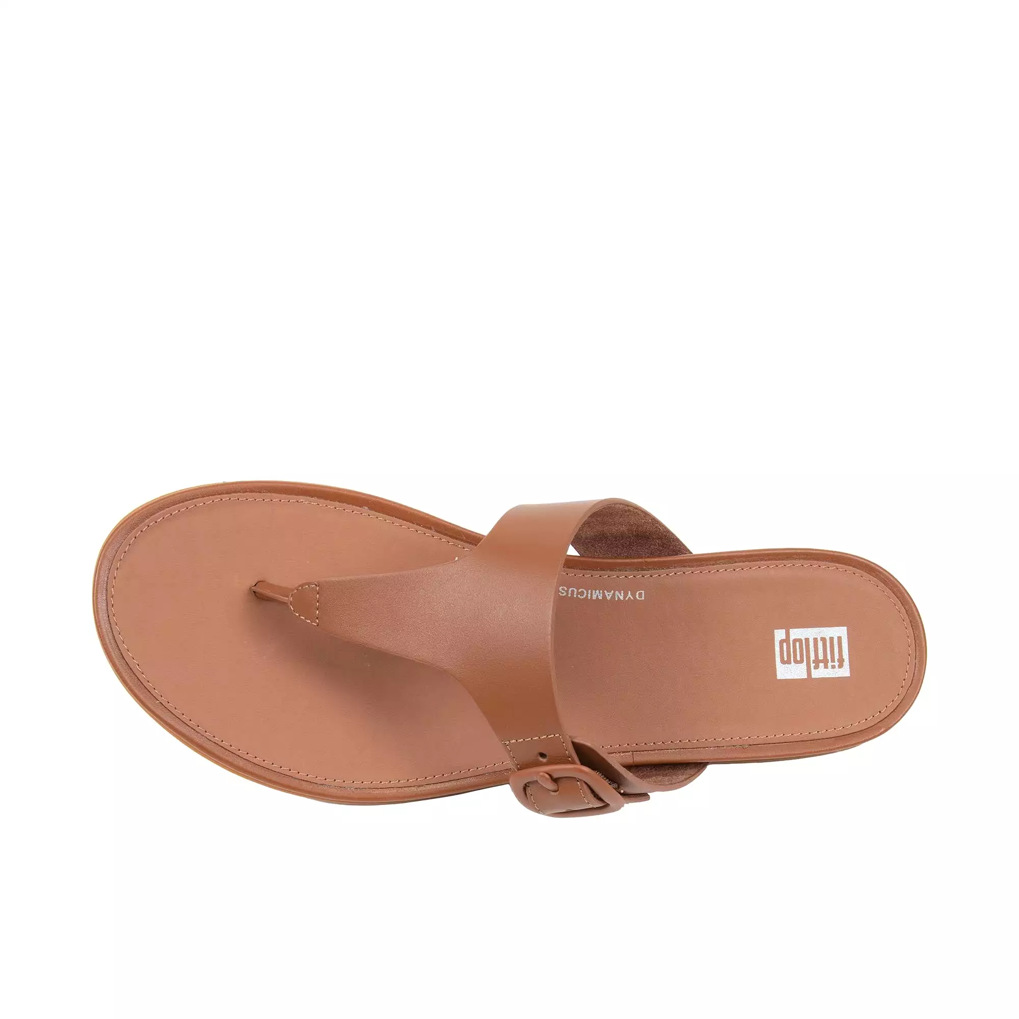 FitFlop Gracie women's rubber-buckle leather toe post sandals in light tan.