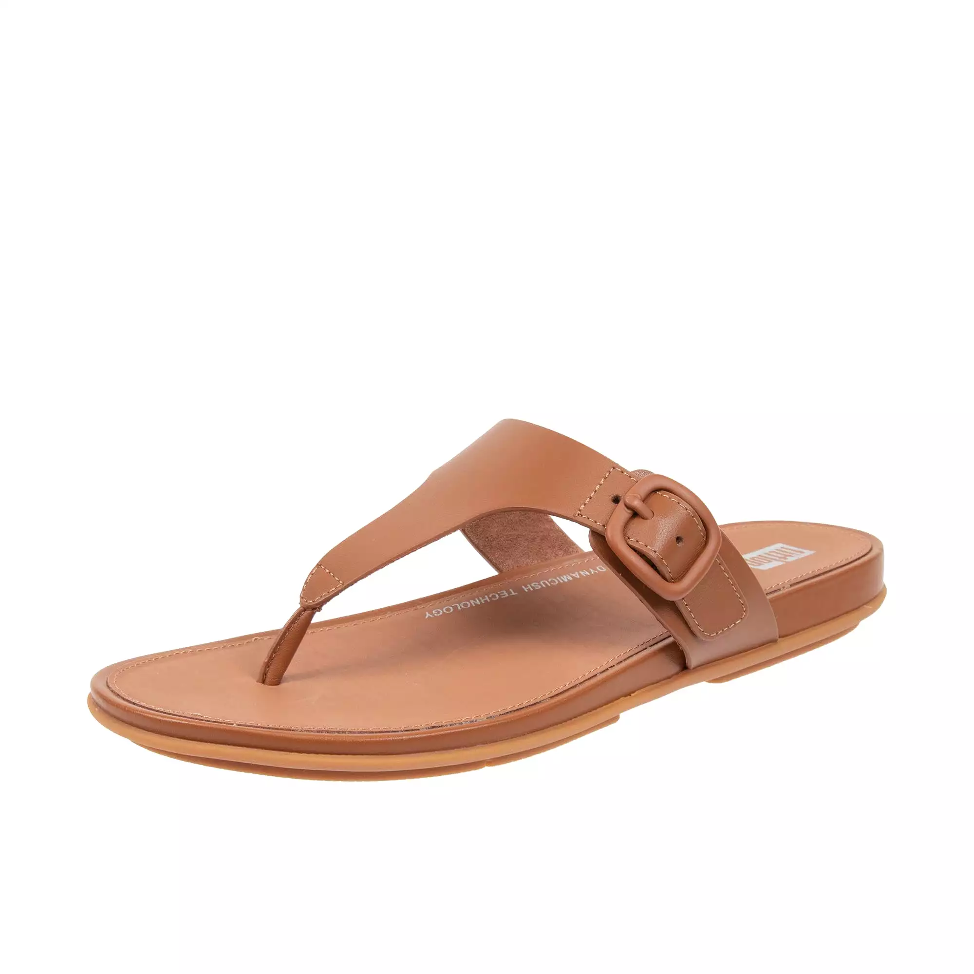 FitFlop Gracie women's rubber-buckle leather toe post sandals in light tan.