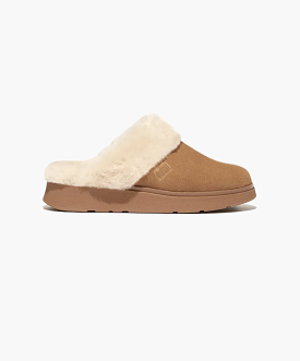 FitFlop Shearling Collar Suede Slippers Tan