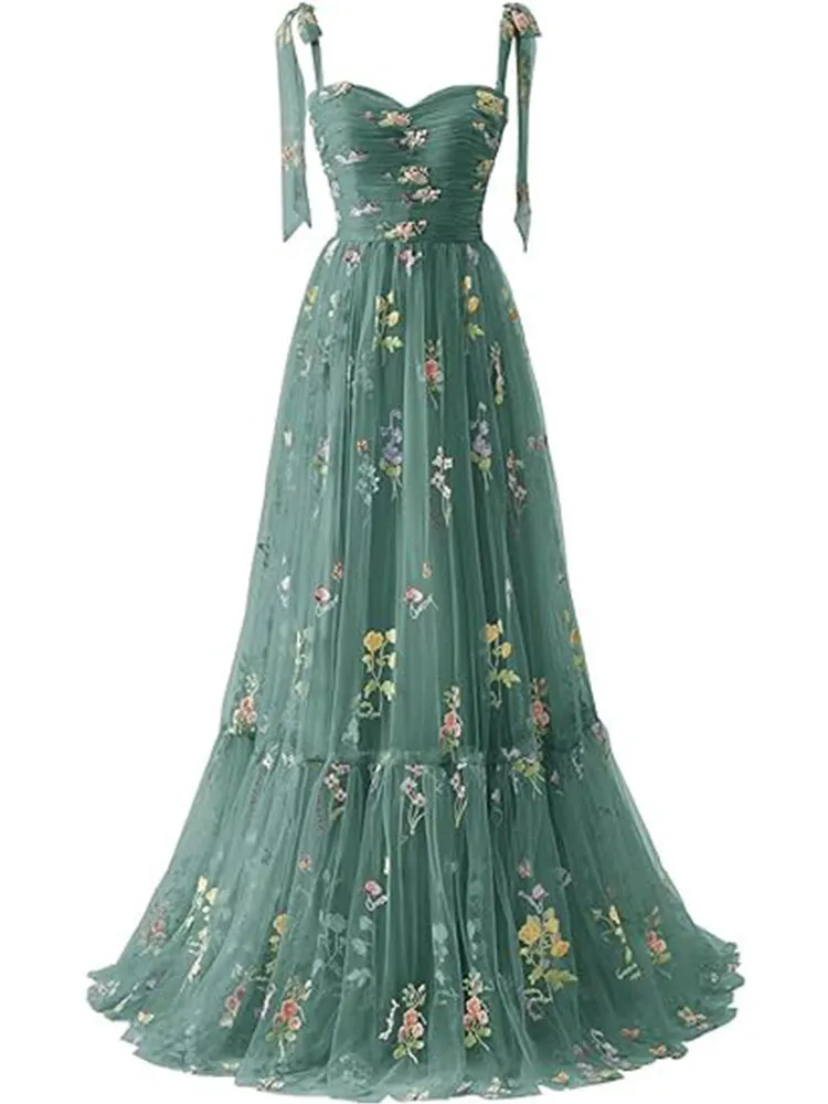 Evening Spaghetti Strap Floral Tulle Wrap Dress with Sweetheart Neckline