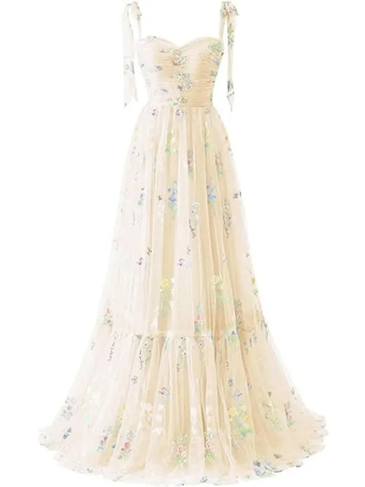 Evening Spaghetti Strap Floral Tulle Wrap Dress with Sweetheart Neckline