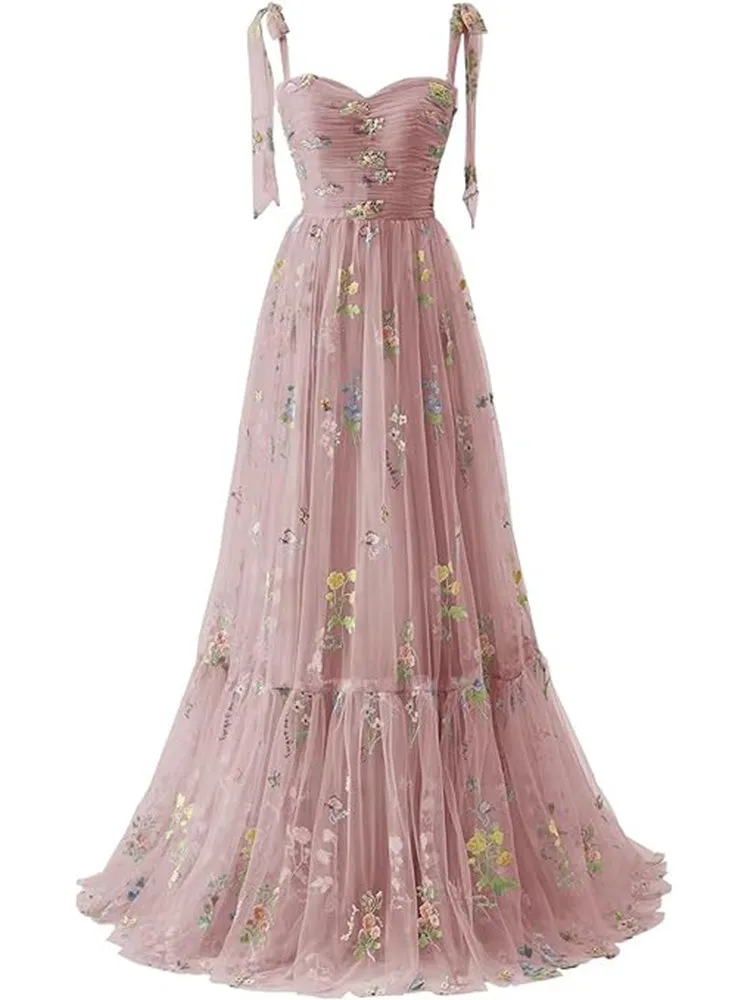 Evening Spaghetti Strap Floral Tulle Wrap Dress with Sweetheart Neckline