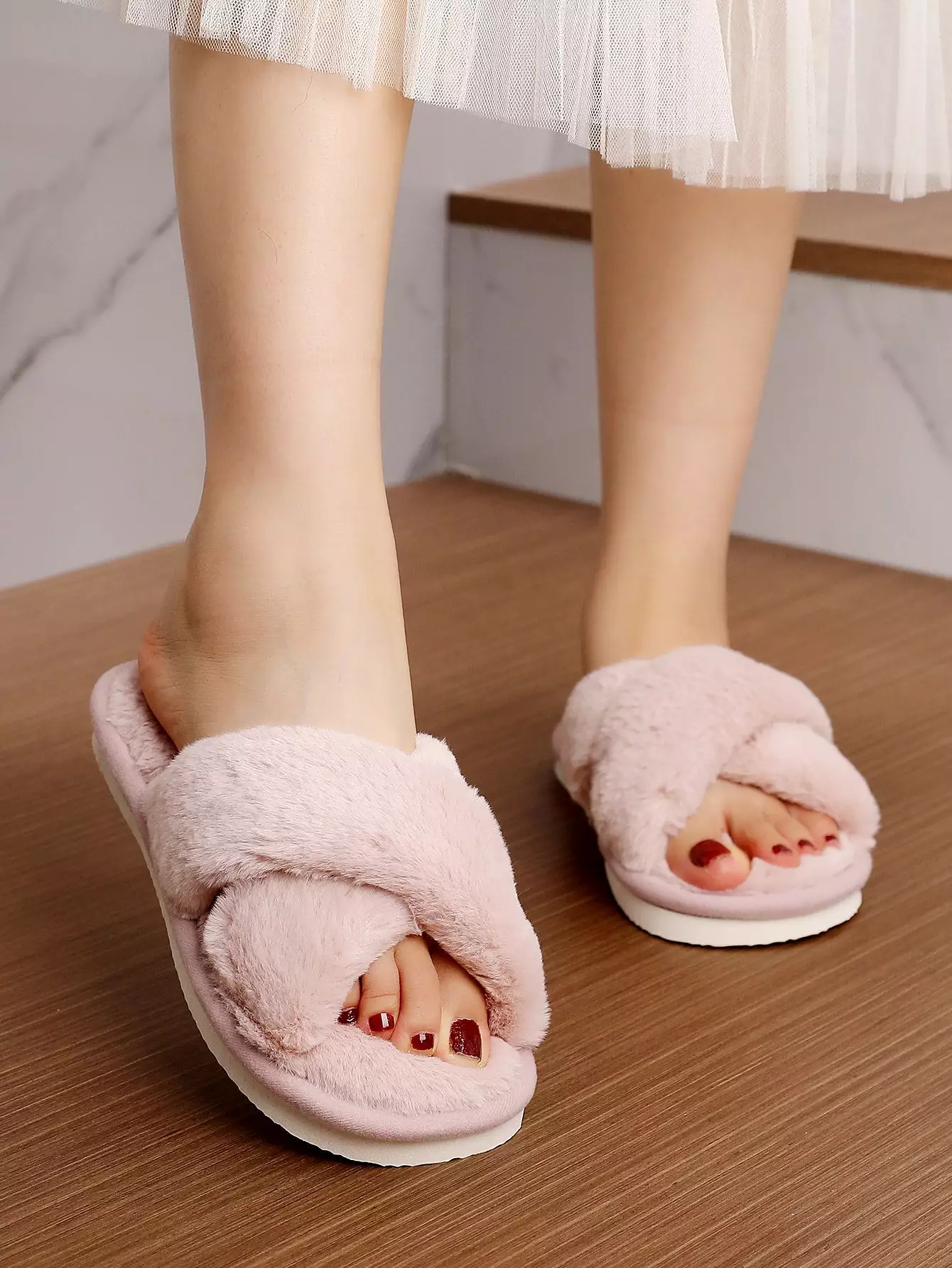 Fluffy Cross Strap Bedroom Slippers - Shop Now!