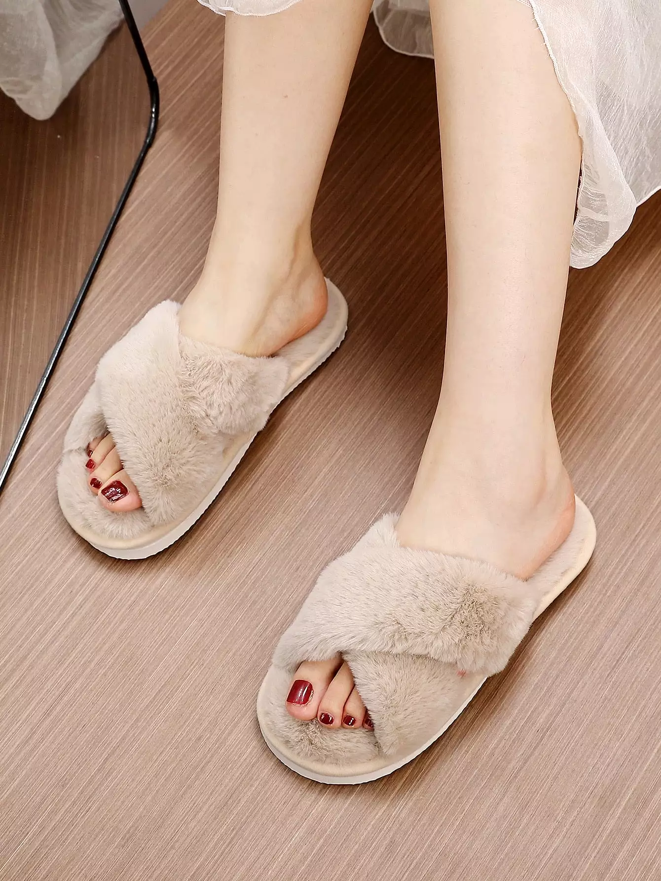 Fluffy Cross Strap Bedroom Slippers - Shop Now!