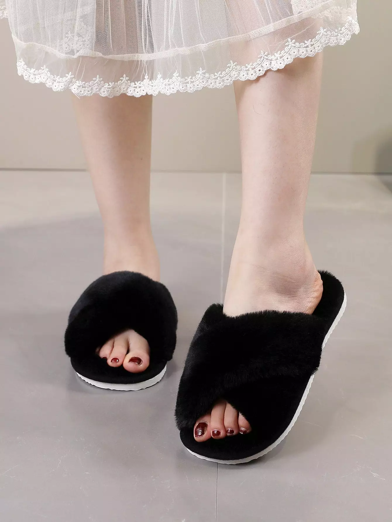 Fluffy Cross Strap Bedroom Slippers - Shop Now!