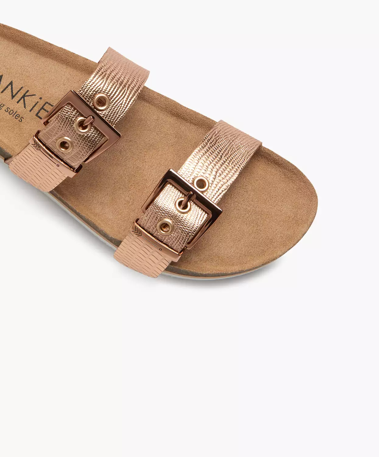 Frankie4 Sandy 3 Rose Gold Lizard-Embossed Sandals