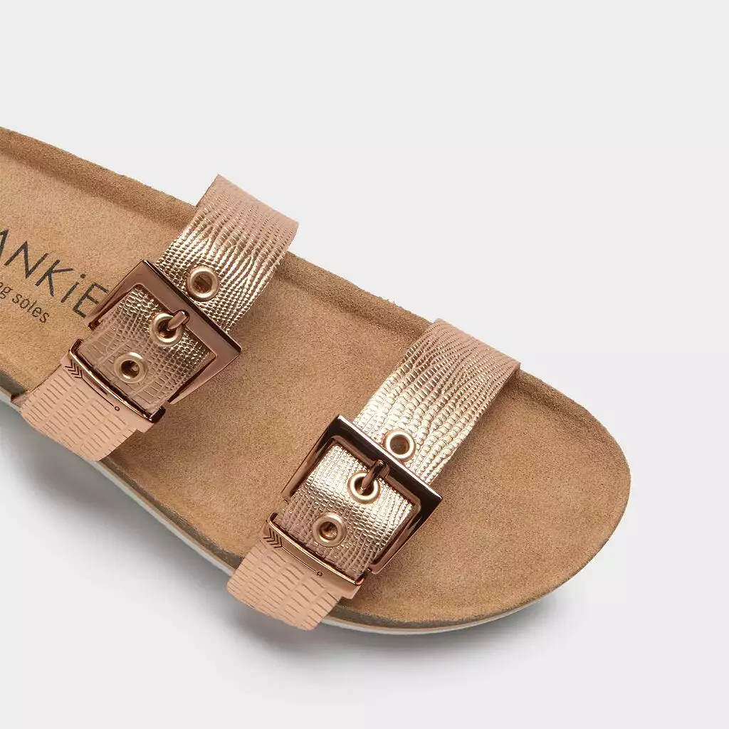 Frankie4 Sandy 3 Rose Gold Lizard-Embossed Sandals