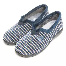 Fur Trimmed Bedroom Slippers Marine Plumaflex Memory Foam Blue Stripped