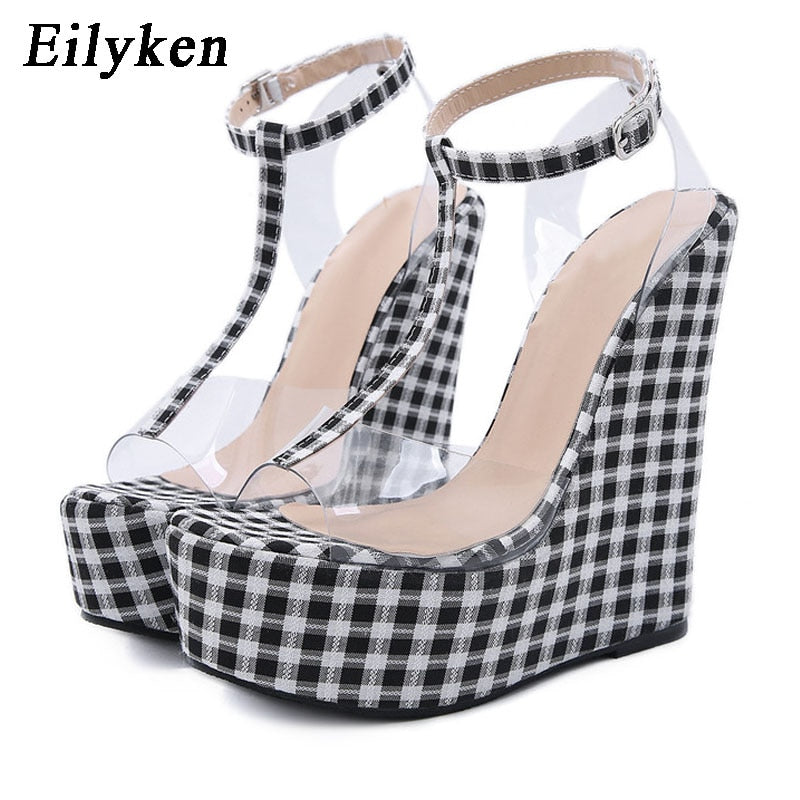 Gingham wedge sandals ankle strap