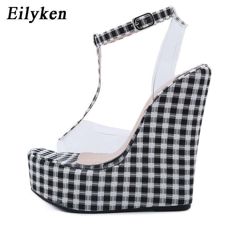 Gingham wedge sandals ankle strap