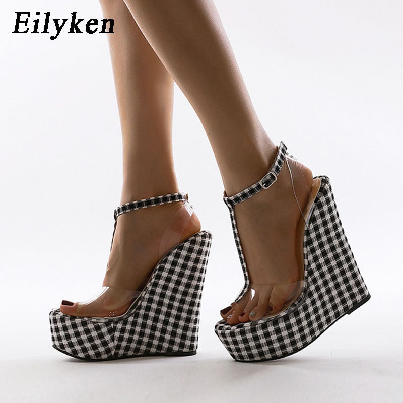 Gingham wedge sandals ankle strap