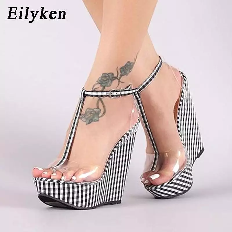 Gingham Wedge Sandals with Thick Bottoms and Ankle Buckle Strap - Shop Now