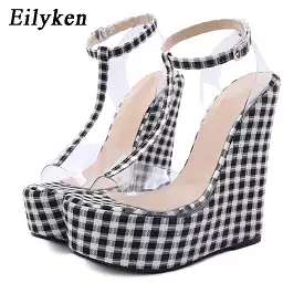 Gingham Wedge Sandals with Thick Bottoms and Ankle Buckle Strap - Shop Now