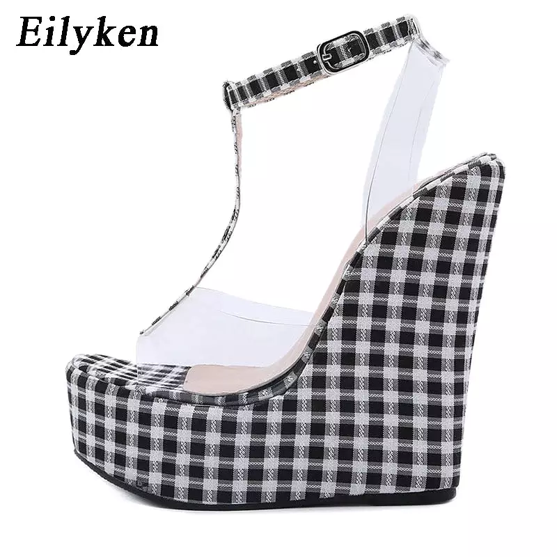 Gingham Wedge Sandals with Thick Bottoms and Ankle Buckle Strap - Shop Now