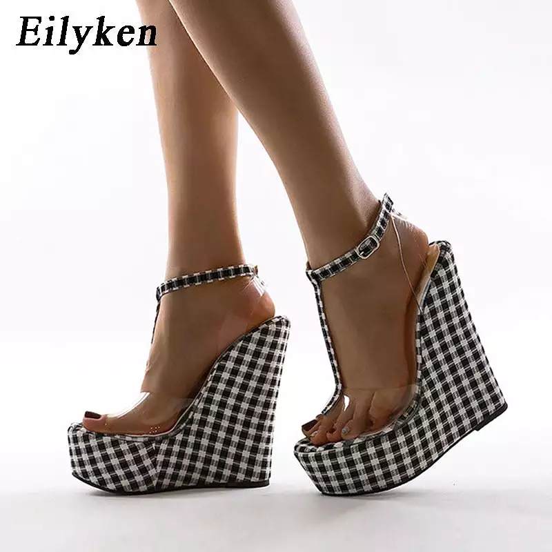 Gingham Wedge Sandals with Thick Bottoms and Ankle Buckle Strap - Shop Now