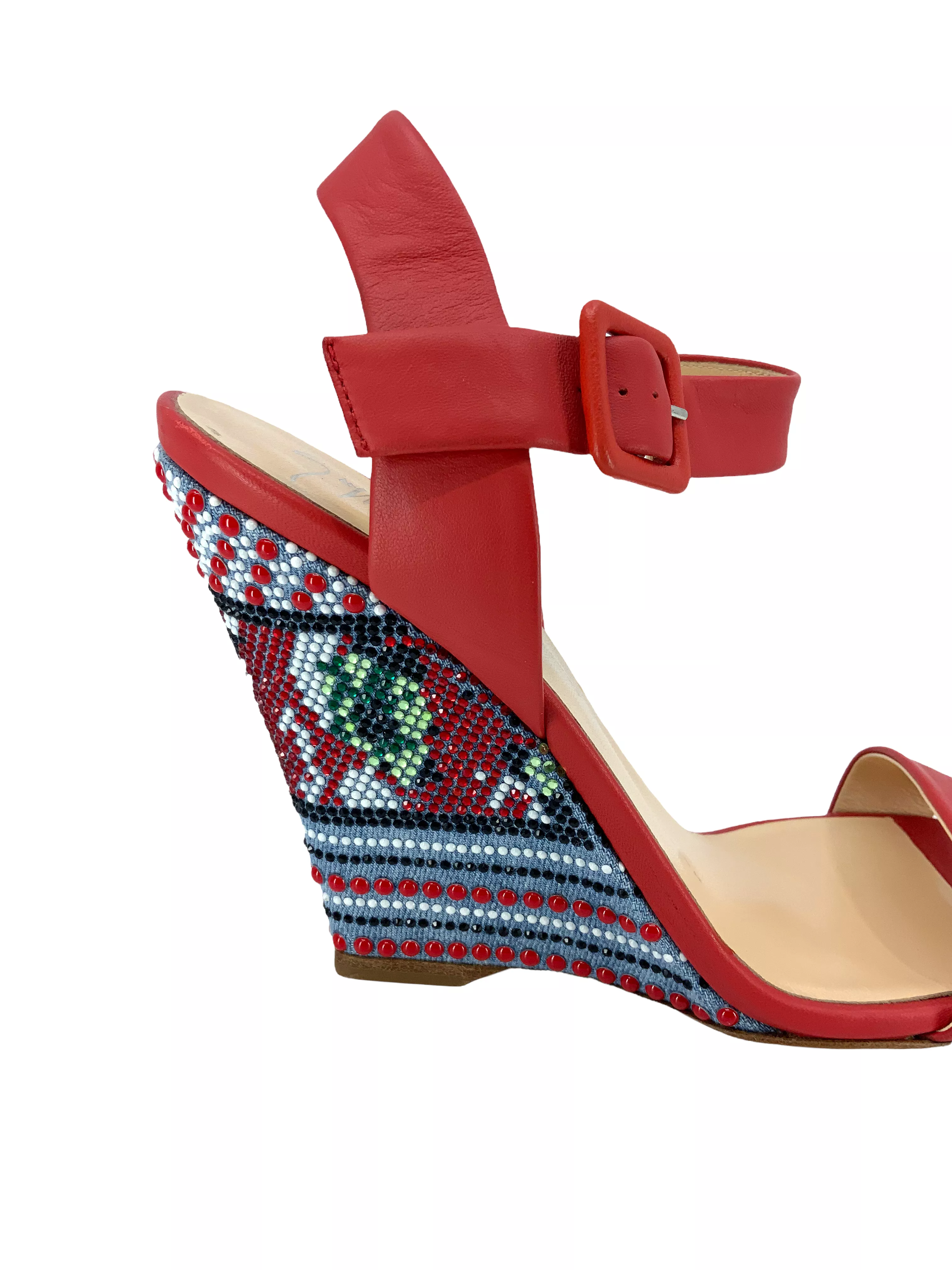 Giuseppe Zanotti Ankle Strap Beaded Wedge Sandals - Leather - Size 9.