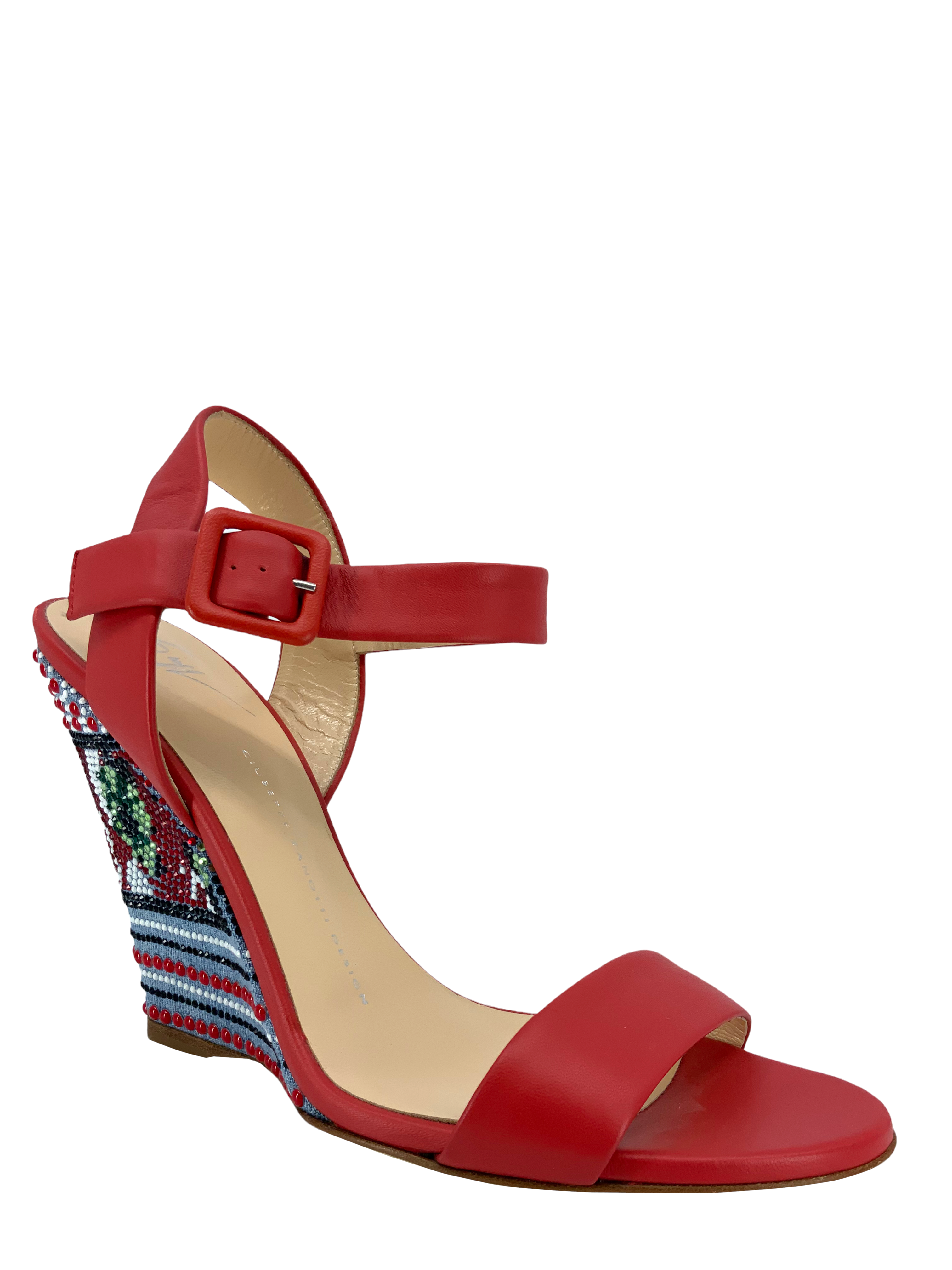 Giuseppe Zanotti Wedge Sandals - Leather Ankle Strap, Beaded, Size 9.