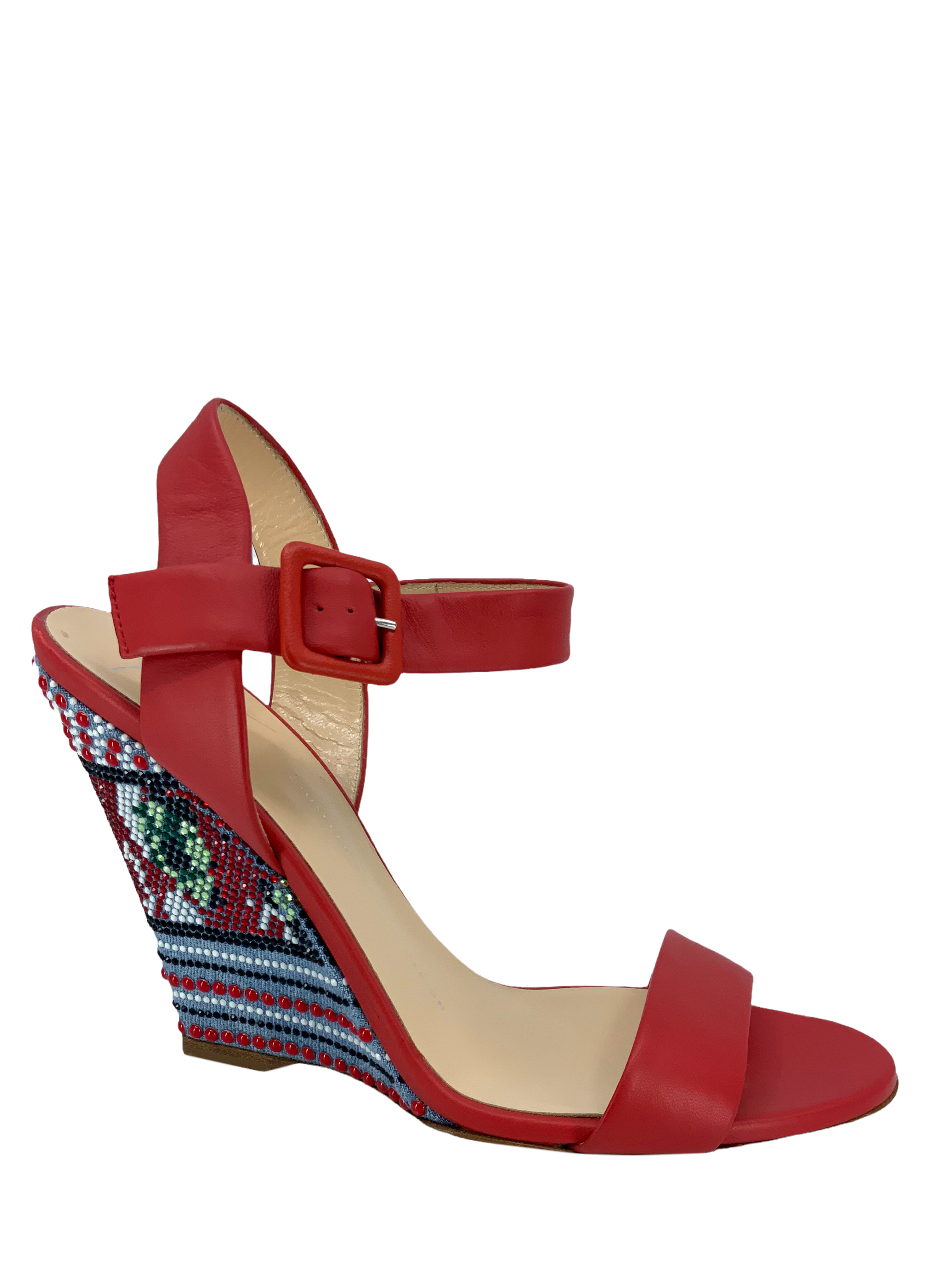 Giuseppe Zanotti Wedge Sandals - Leather Ankle Strap, Beaded, Size 9.