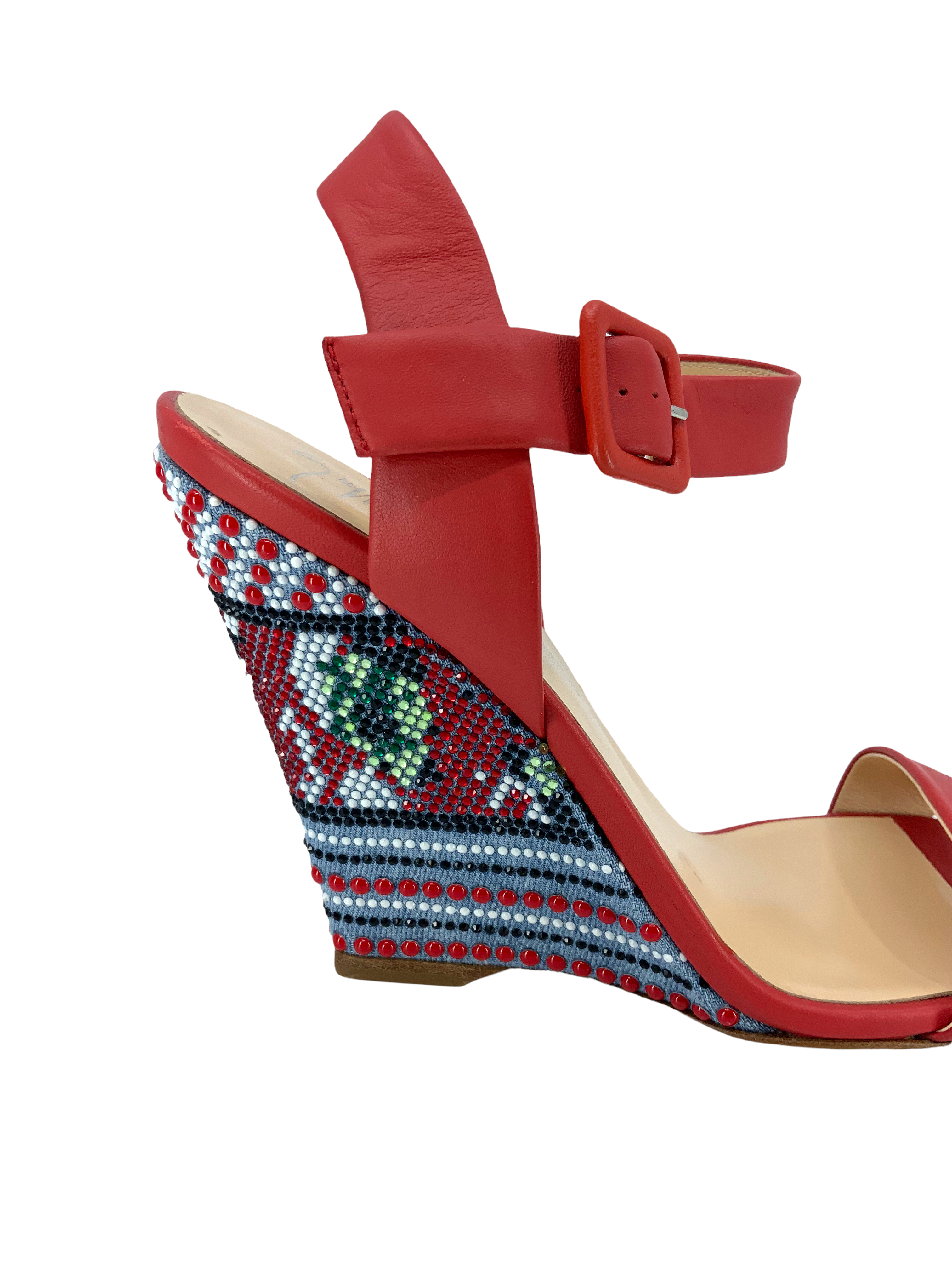 Giuseppe Zanotti Wedge Sandals - Leather Ankle Strap, Beaded, Size 9.