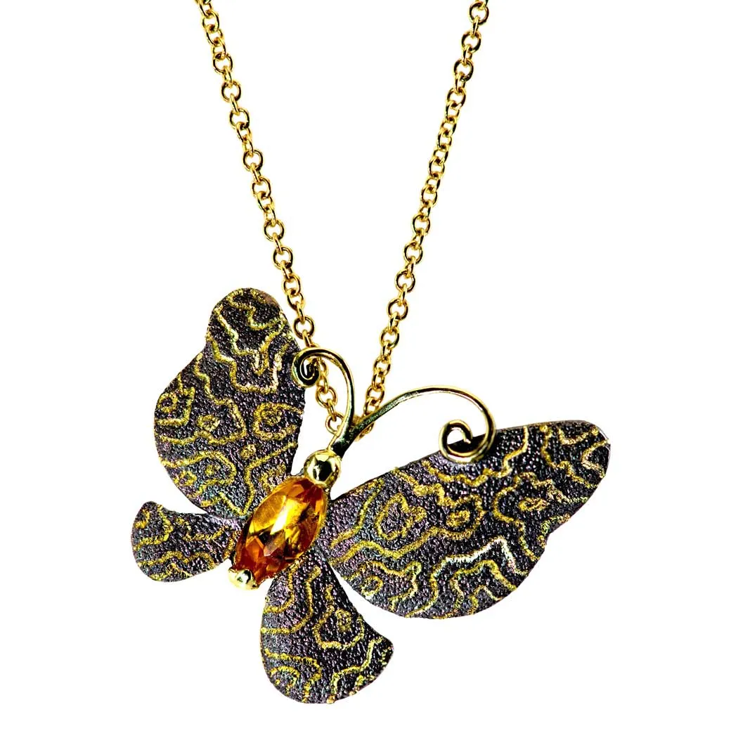 Gold Butterfly Pin, Pendant with Citrine