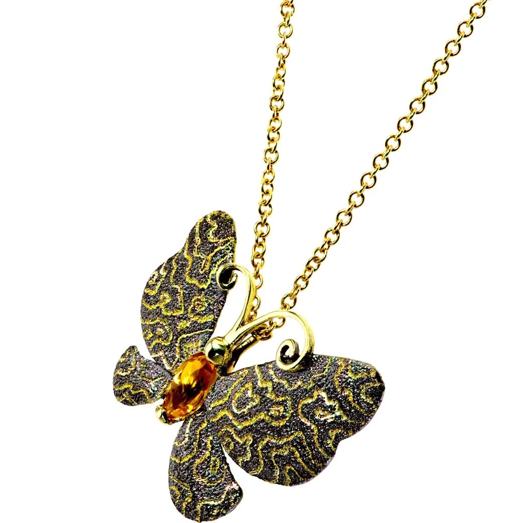 Gold Butterfly Pin, Pendant with Citrine