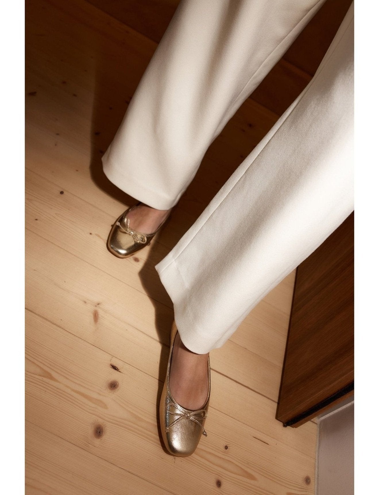 Gold Leather Square Toe Ballet Flats - Regina