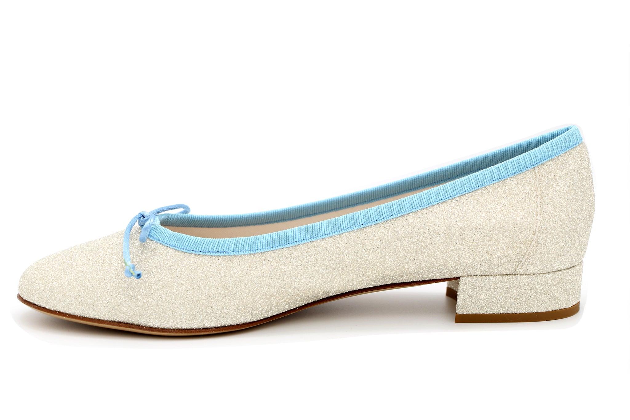 Gold Shimmer Ballerina shoe with Pastel Blue Trim - Buy FABUCCI