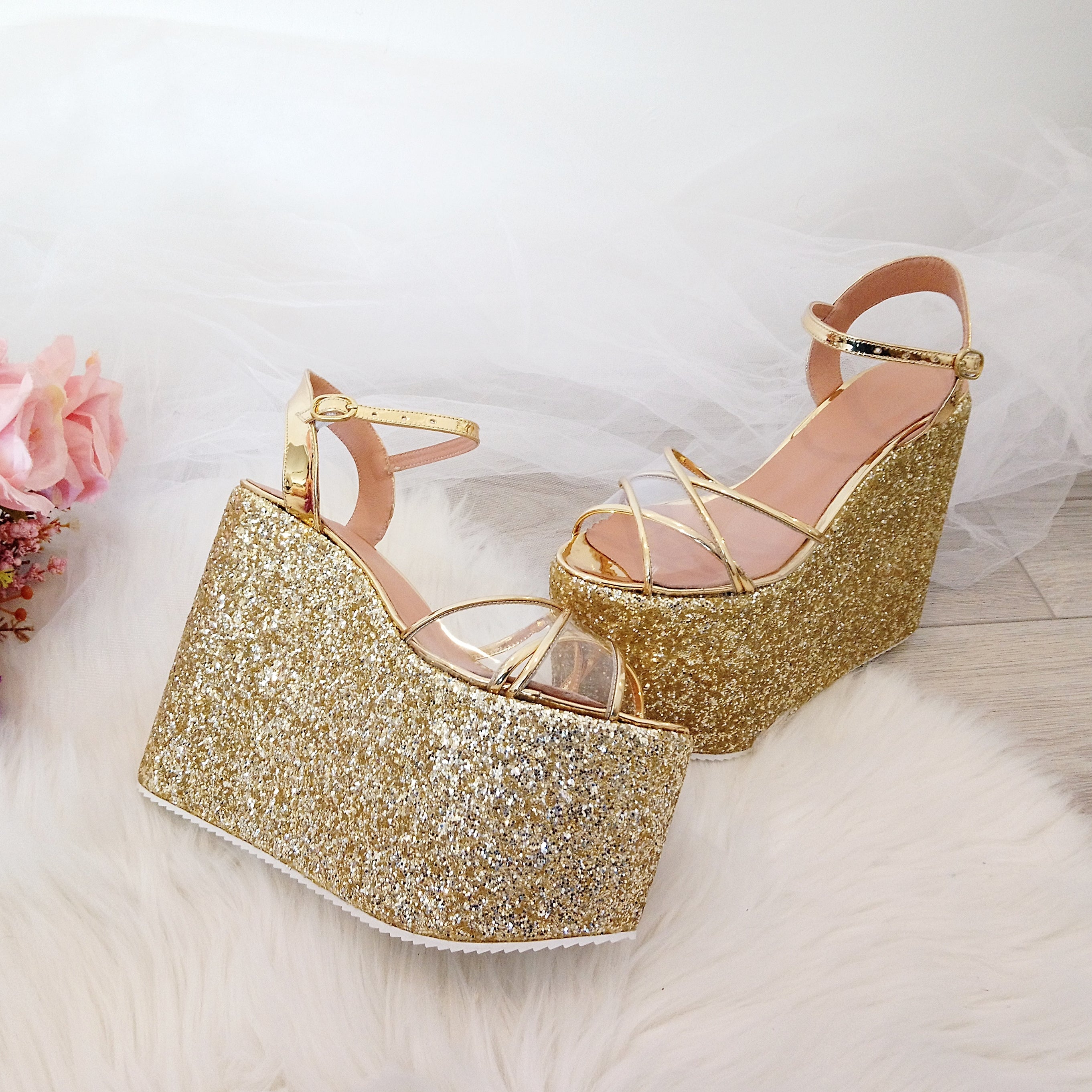 Gold wedge sandals with ankle strap