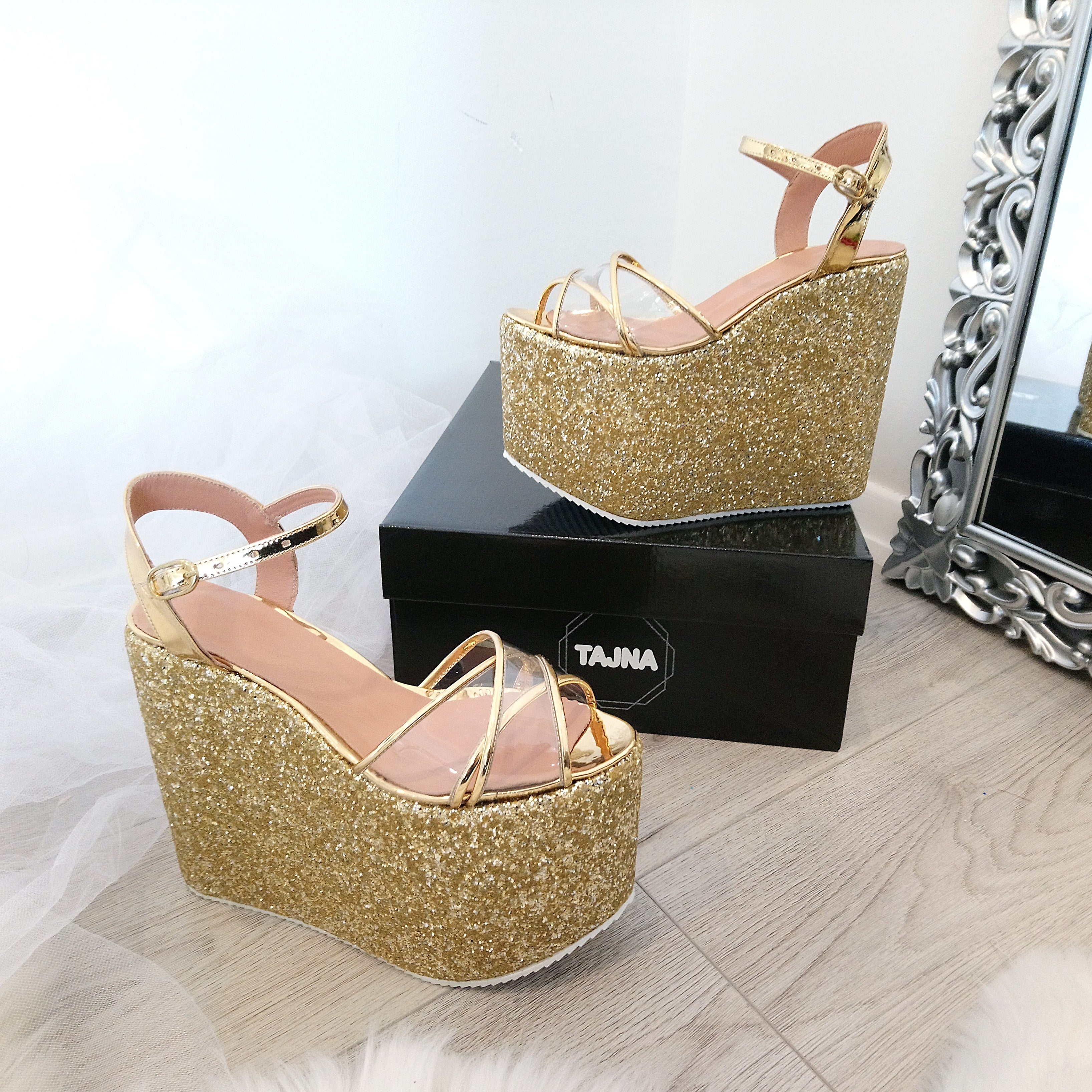 Gold wedge sandals with ankle strap