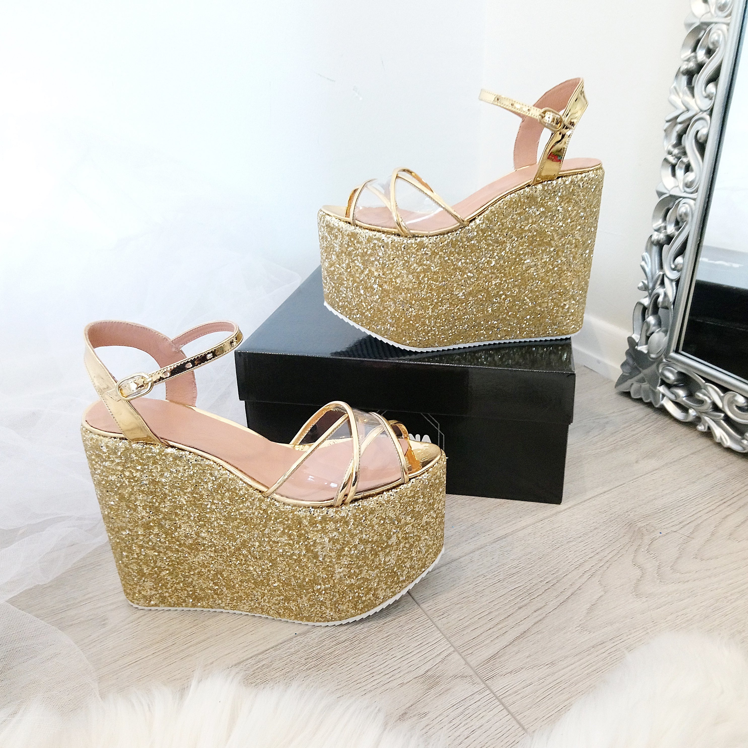 Gold wedge sandals with ankle strap