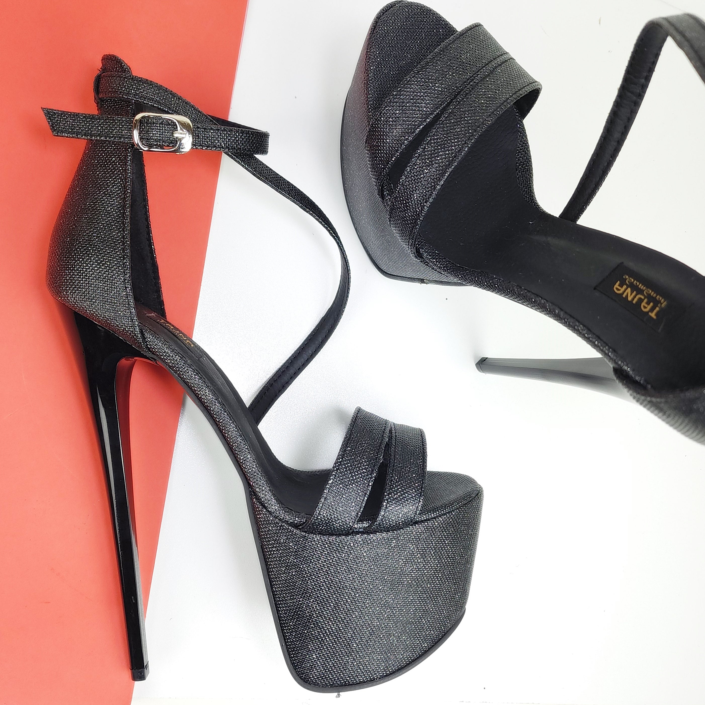 Gray Black Shimmer High Heel Sandals