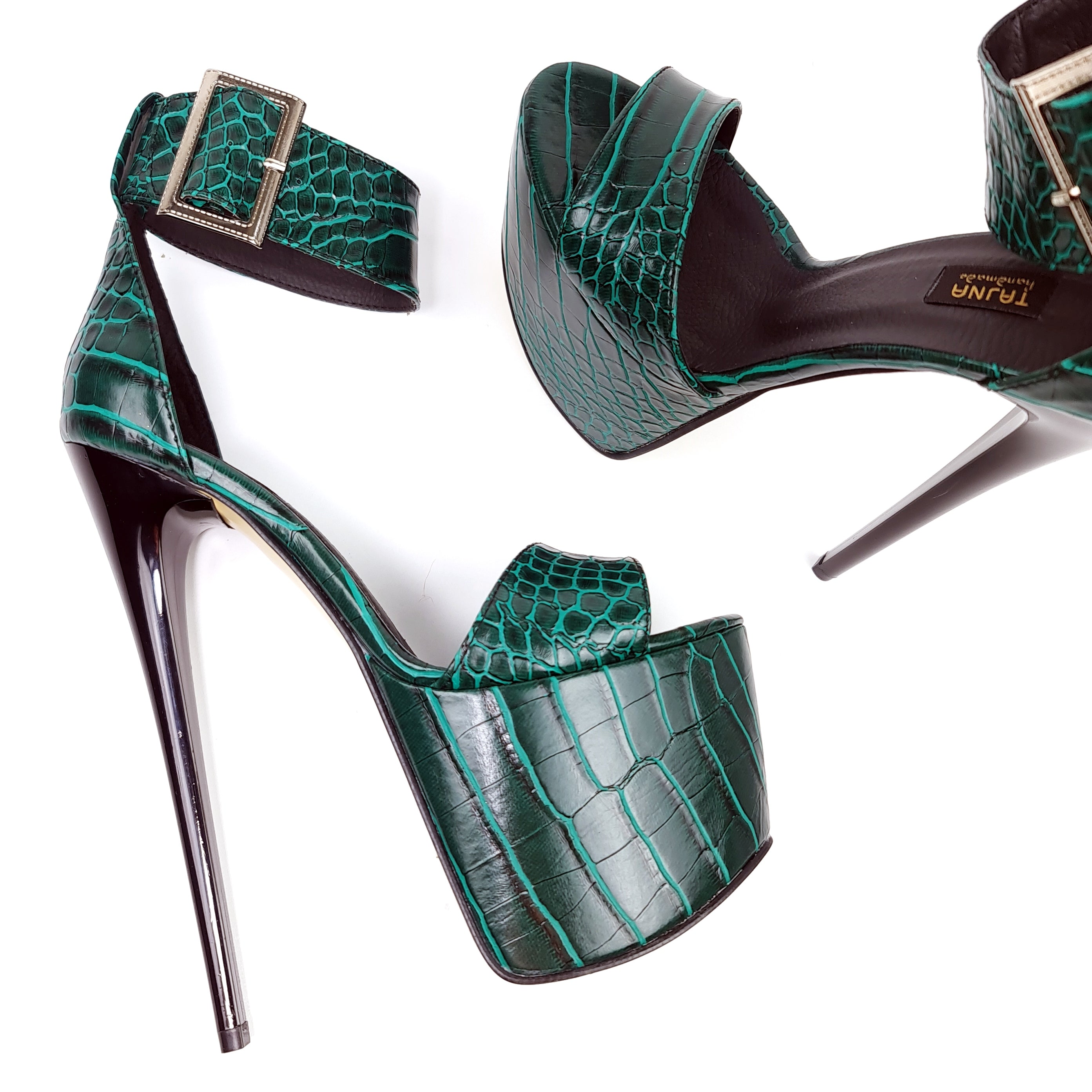 Green Crocodile Pattern Ankle Strap Stiletto Sandals