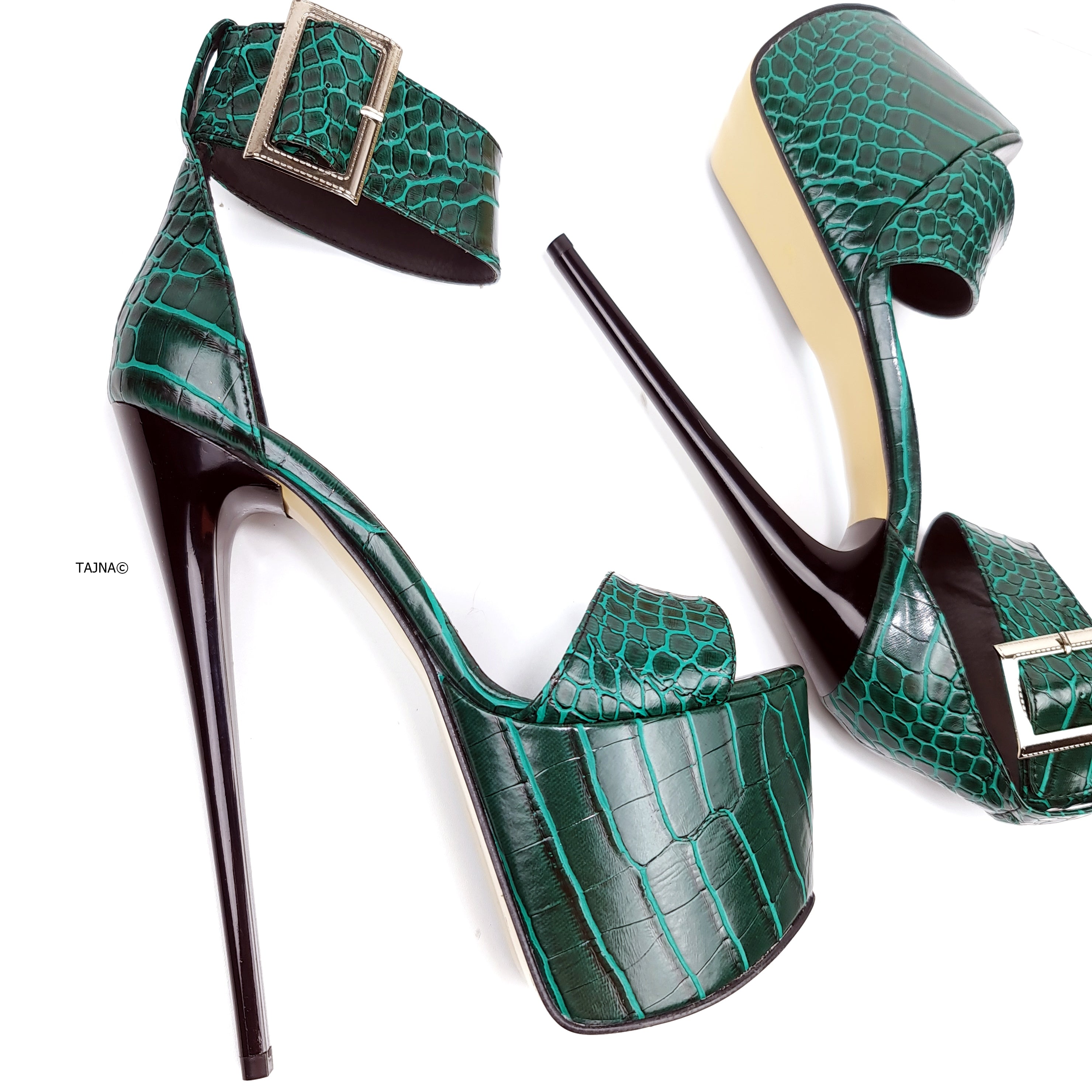 Green Crocodile Pattern Ankle Strap Stiletto Sandals