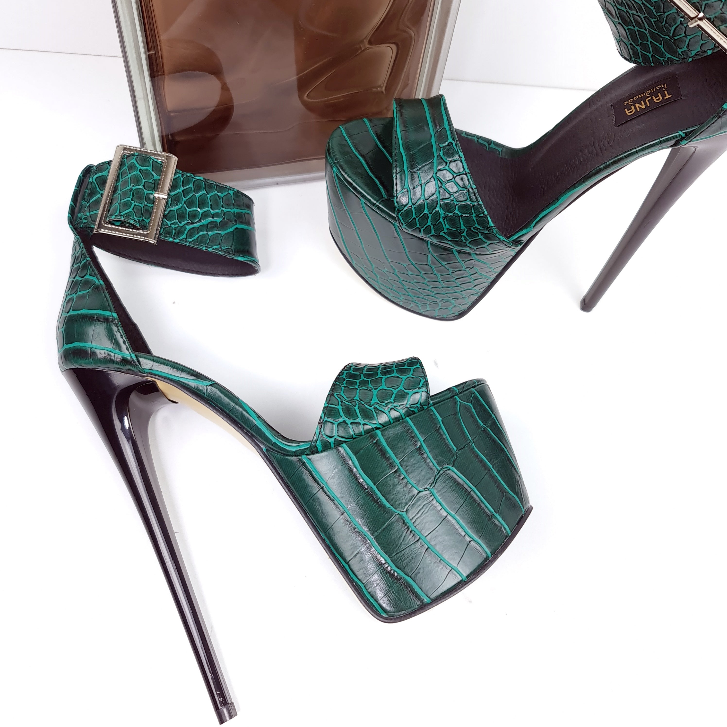 Green Crocodile Pattern Ankle Strap Stiletto Sandals