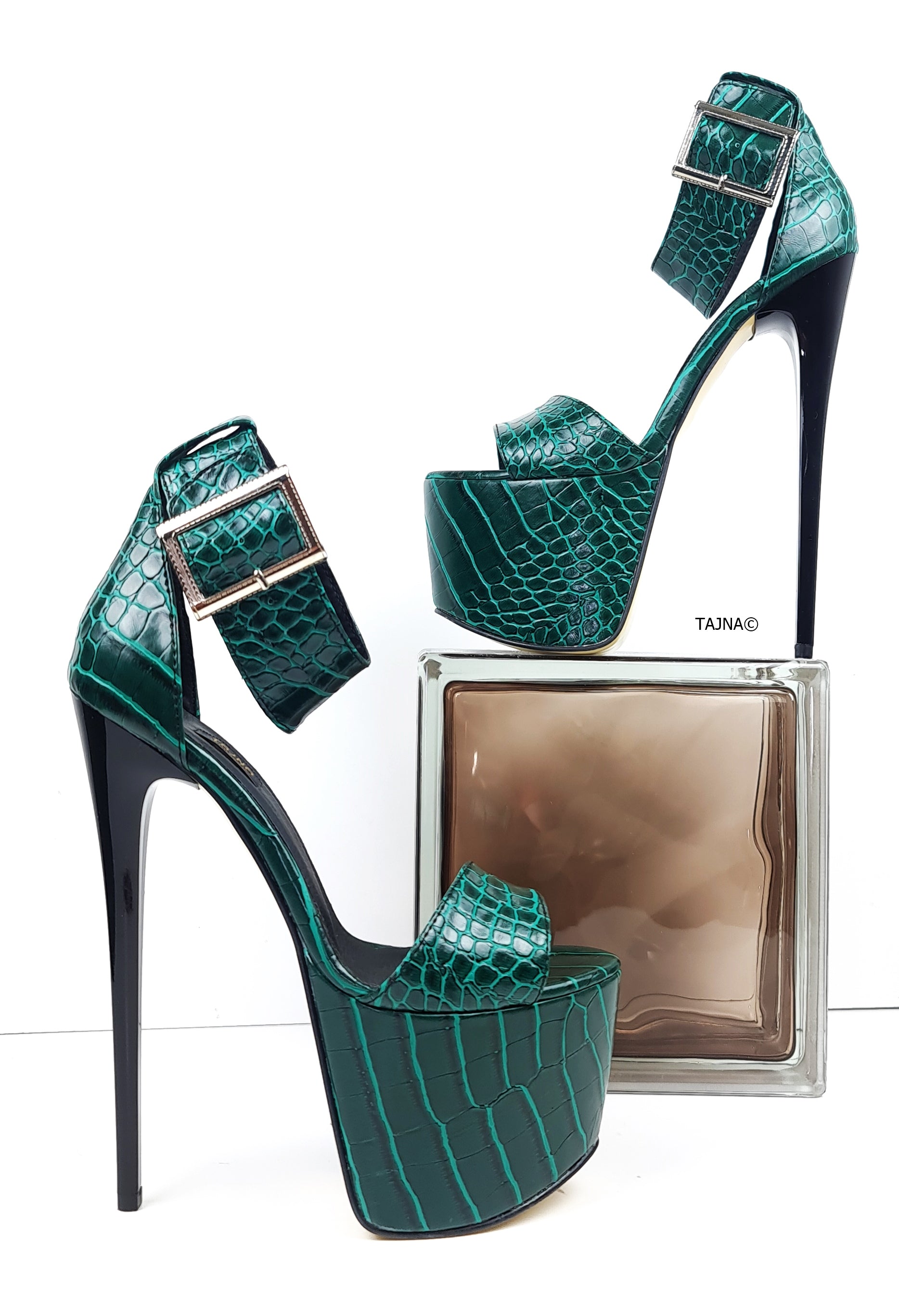 Green Crocodile Pattern Ankle Strap Stiletto Sandals