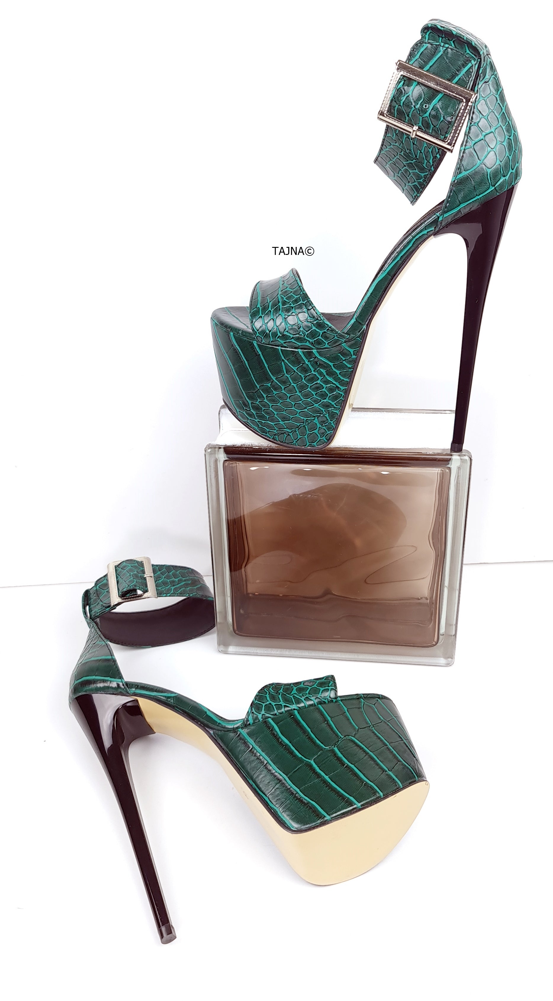 Green Crocodile Pattern Ankle Strap Stiletto Sandals