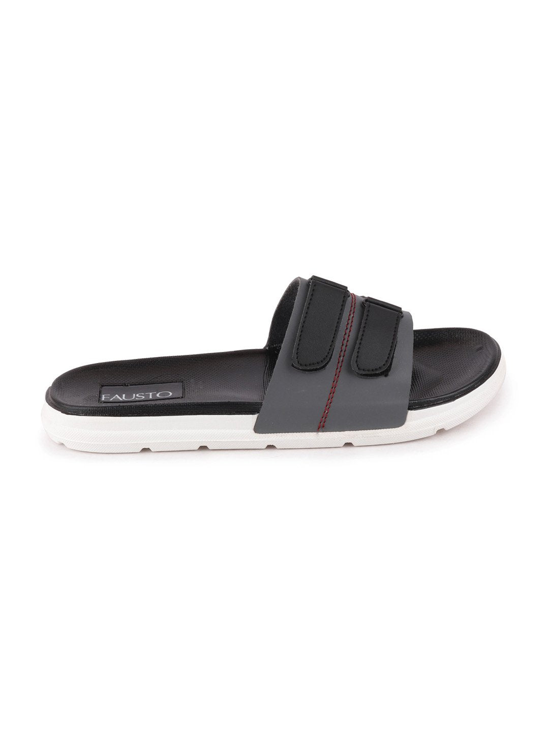 Grey and black slip-on flip-flops with multiple straps for men.