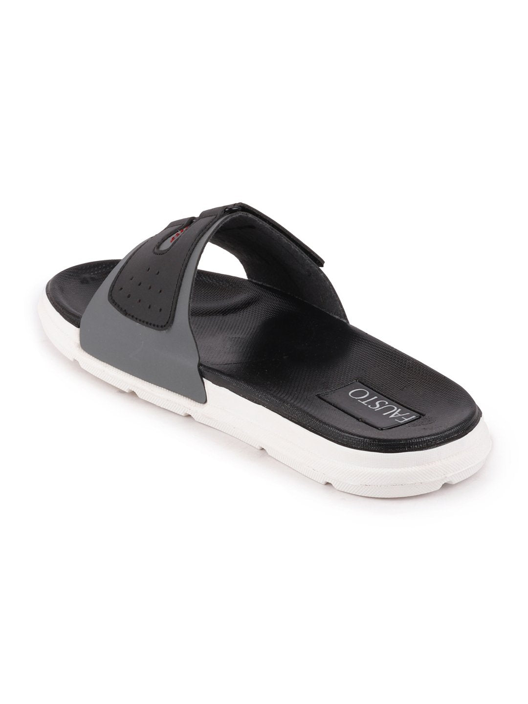 Grey and black slip-on flip-flops with multiple straps for men.