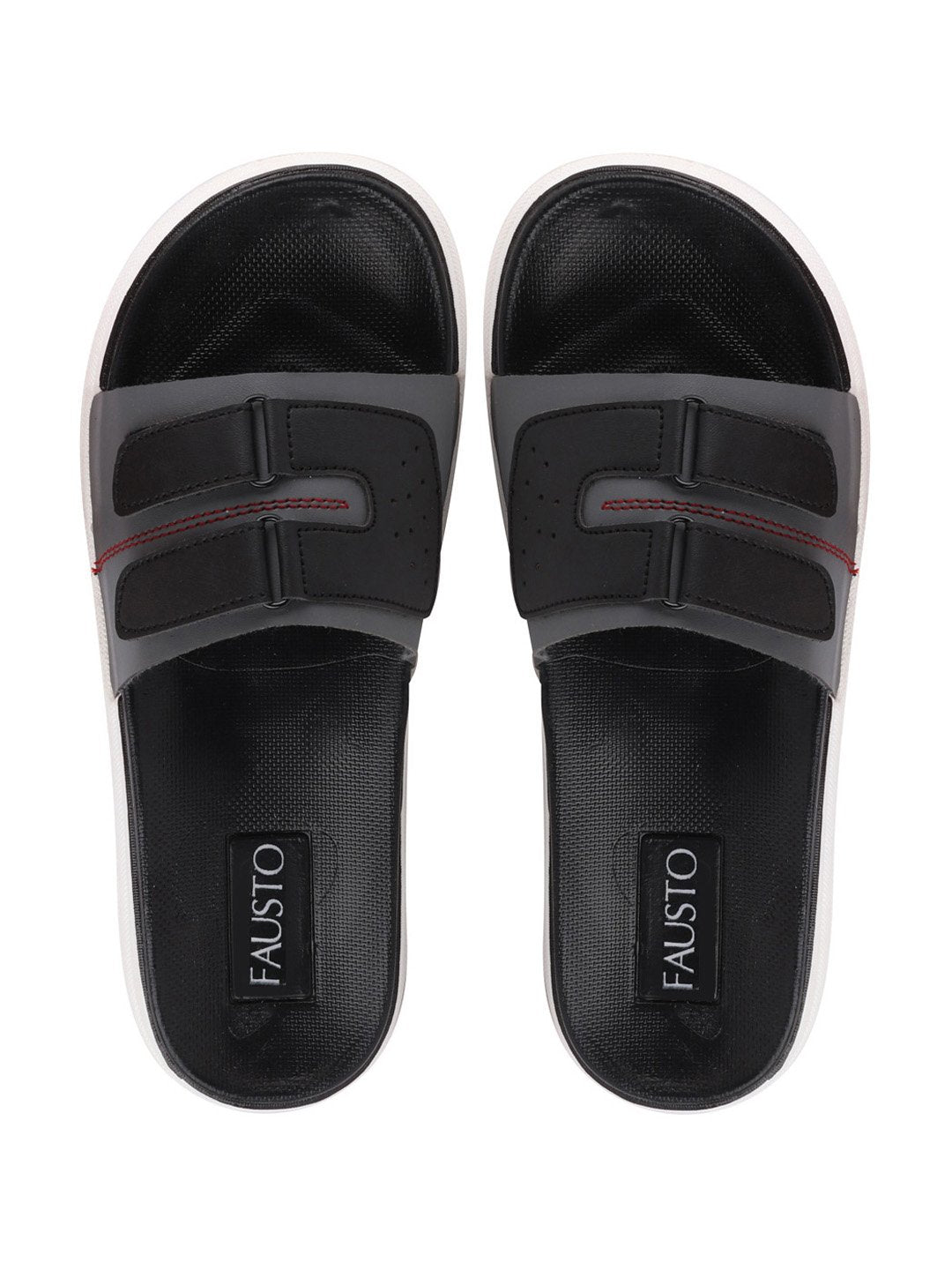 Grey and black slip-on flip-flops with multiple straps for men.