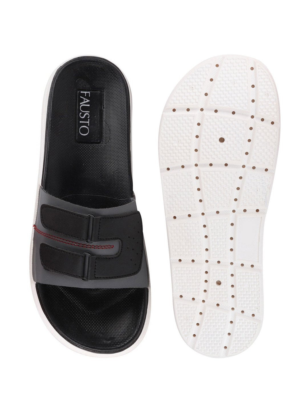 Grey and black slip-on flip-flops with multiple straps for men.