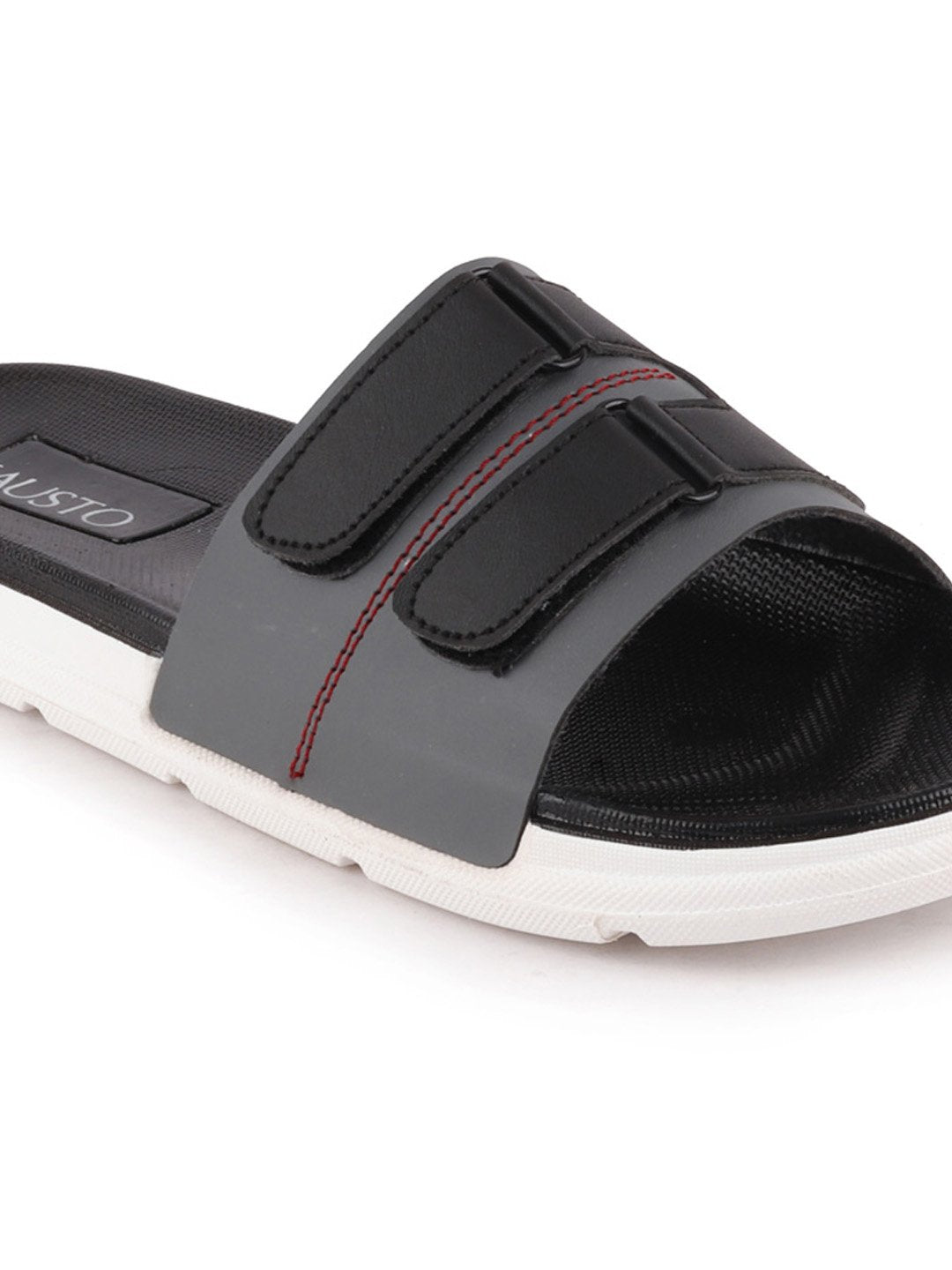 Grey and black slip-on flip-flops with multiple straps for men.