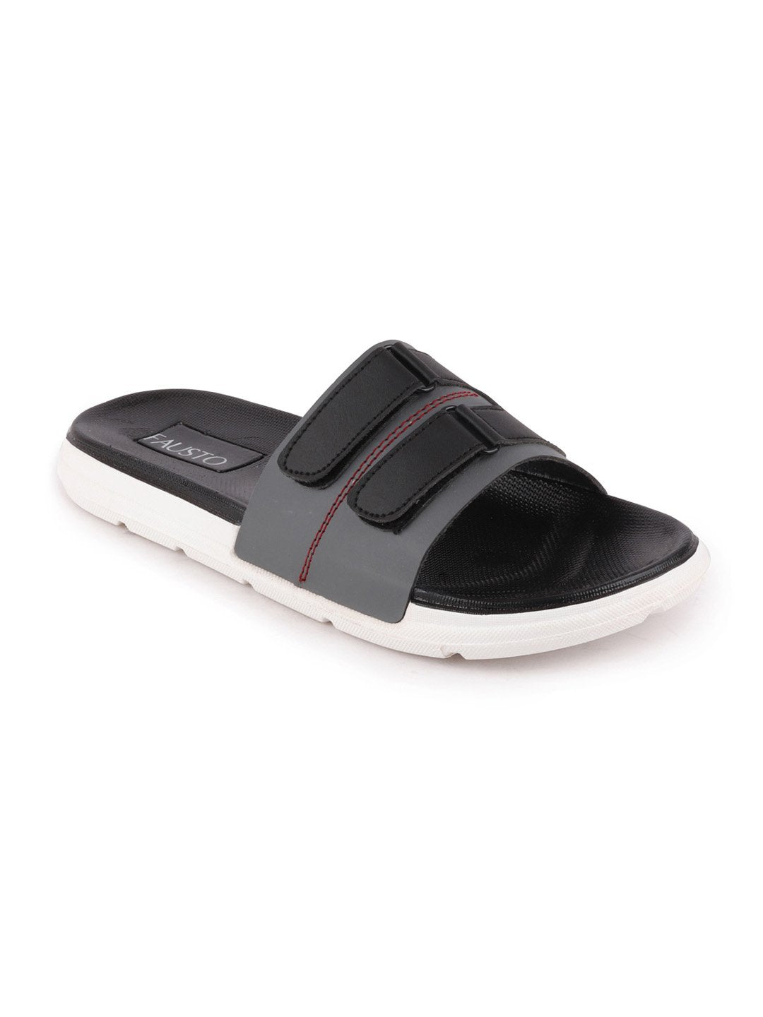 Grey and black slip-on flip-flops with multiple straps for men.