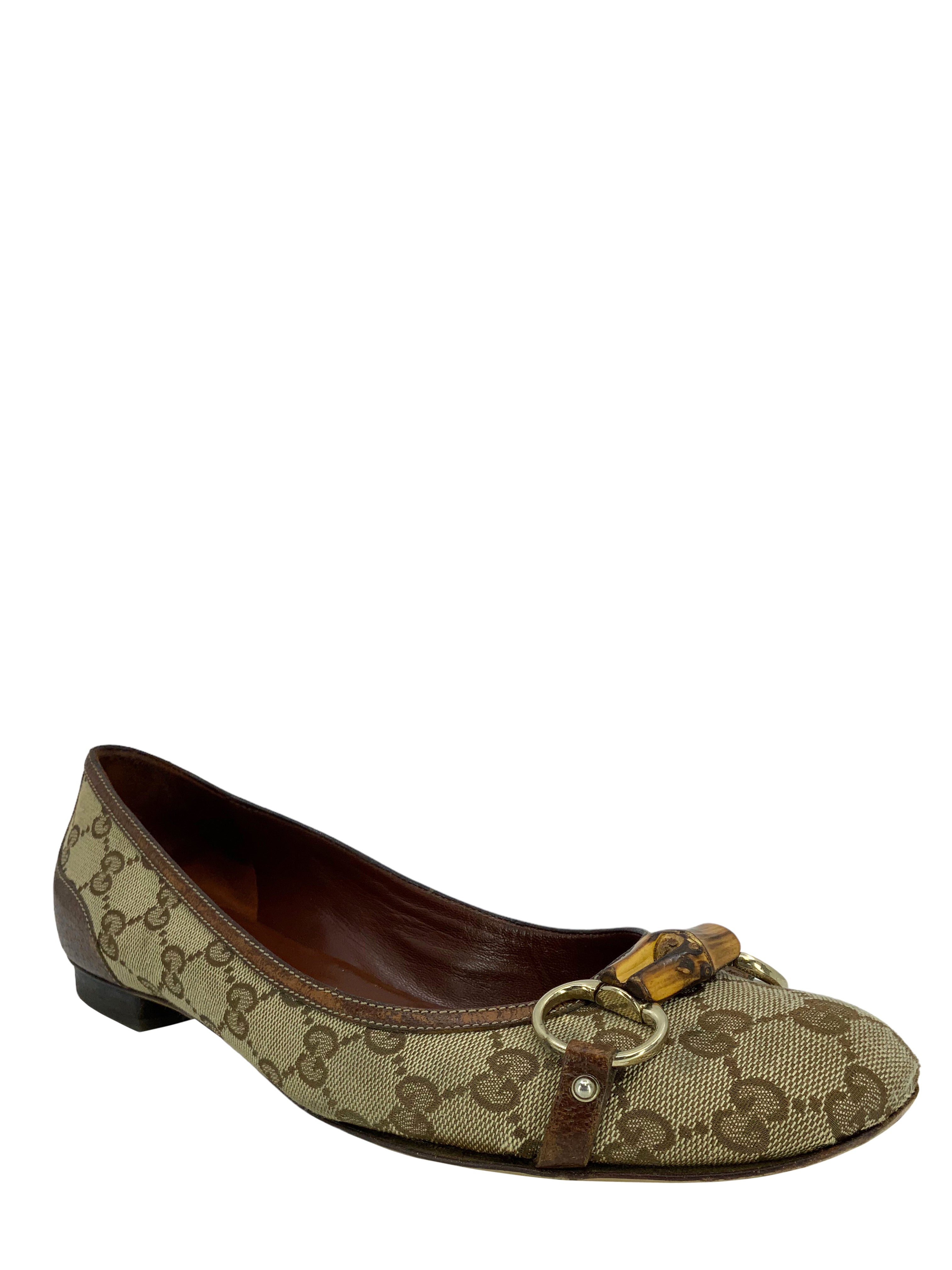 Gucci GG Canvas Bamboo Horsebit Ballet Flats Size 11 for Sale