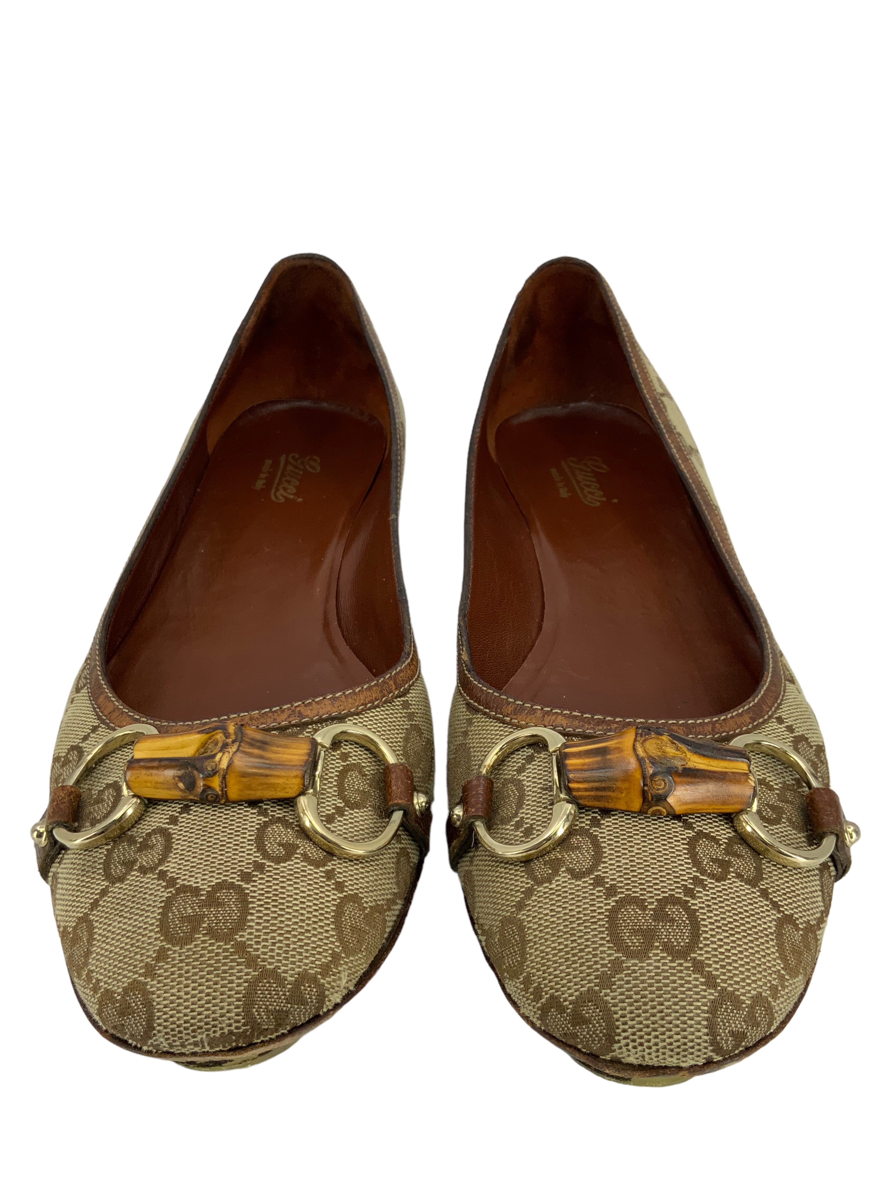 Gucci GG Canvas Bamboo Horsebit Ballet Flats Size 11 for Sale