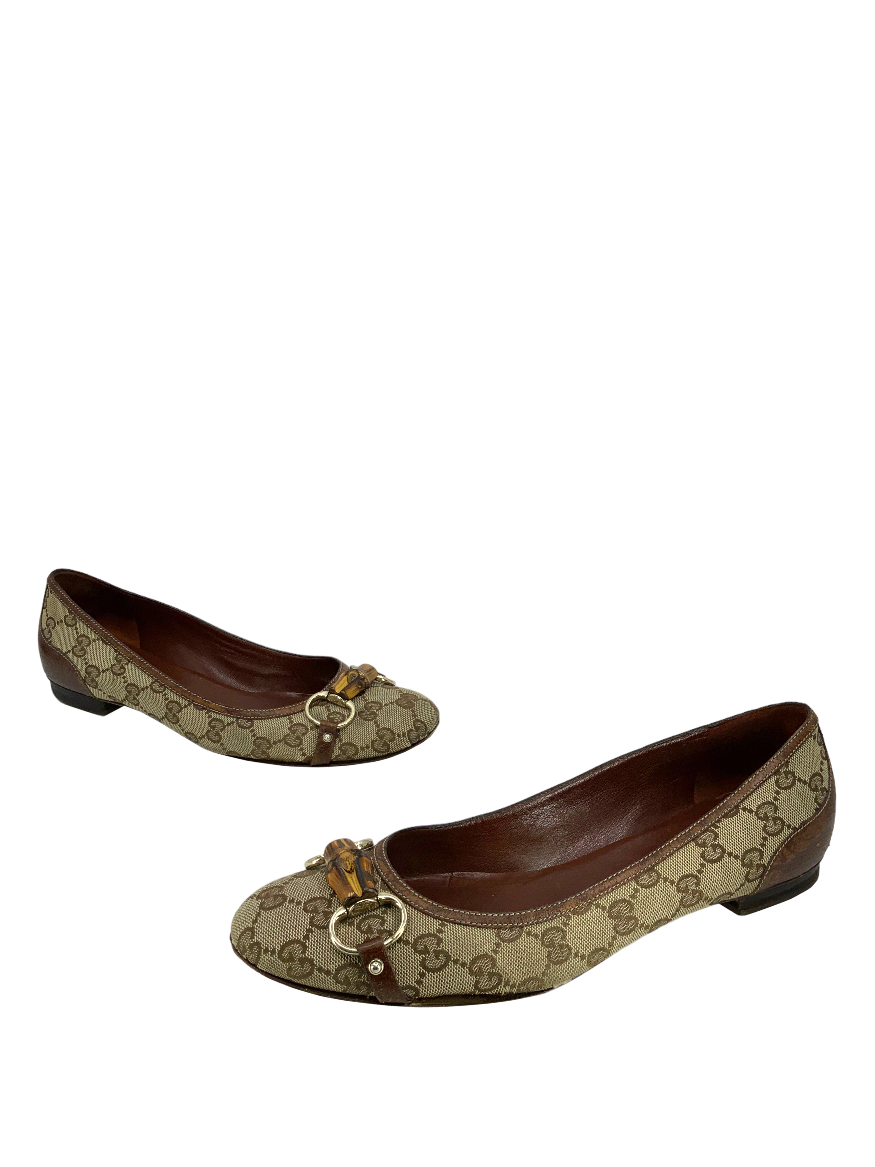 Gucci GG Canvas Bamboo Horsebit Ballet Flats Size 11 for Sale