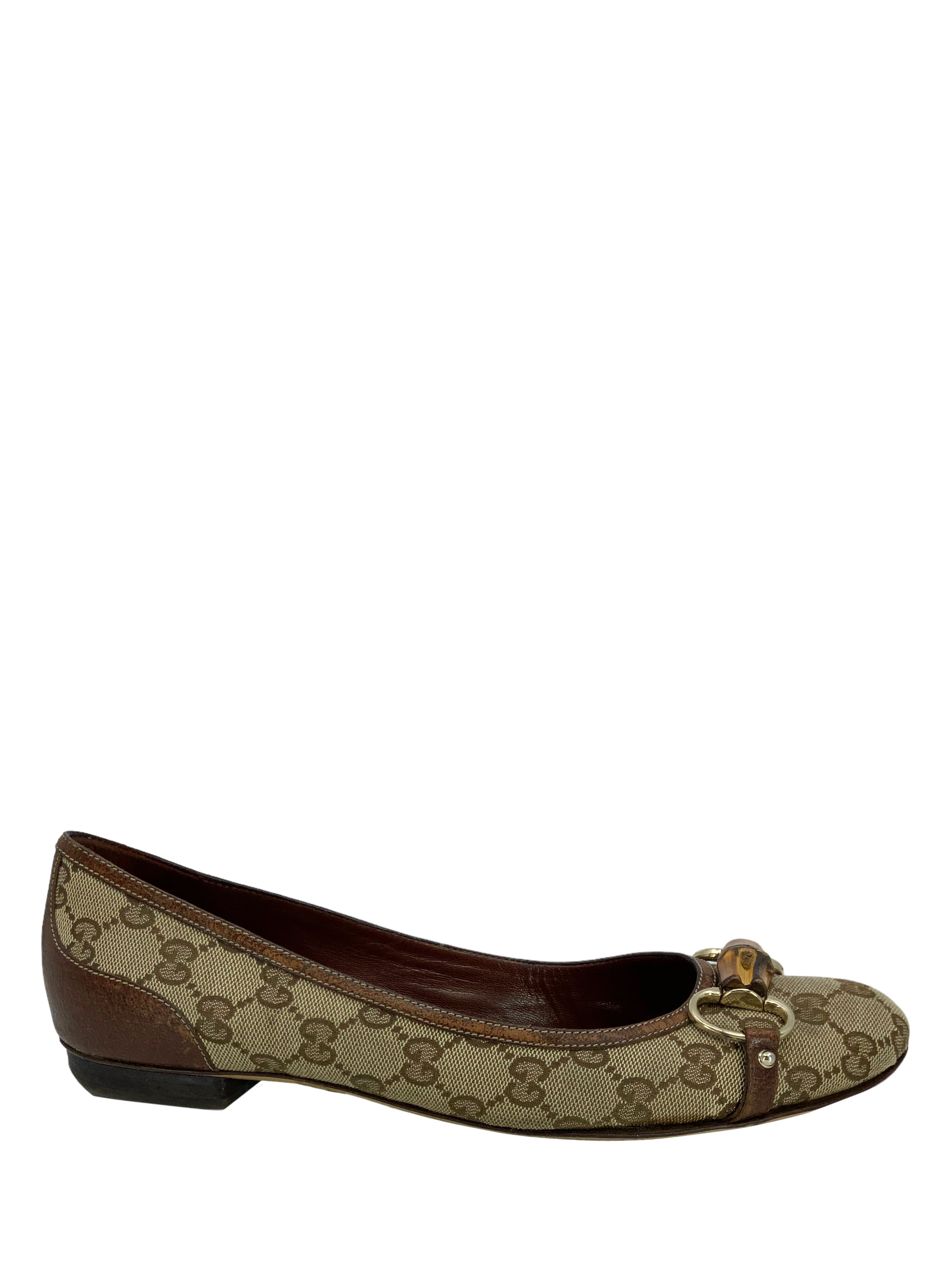 Gucci GG Canvas Bamboo Horsebit Ballet Flats Size 11 for Sale