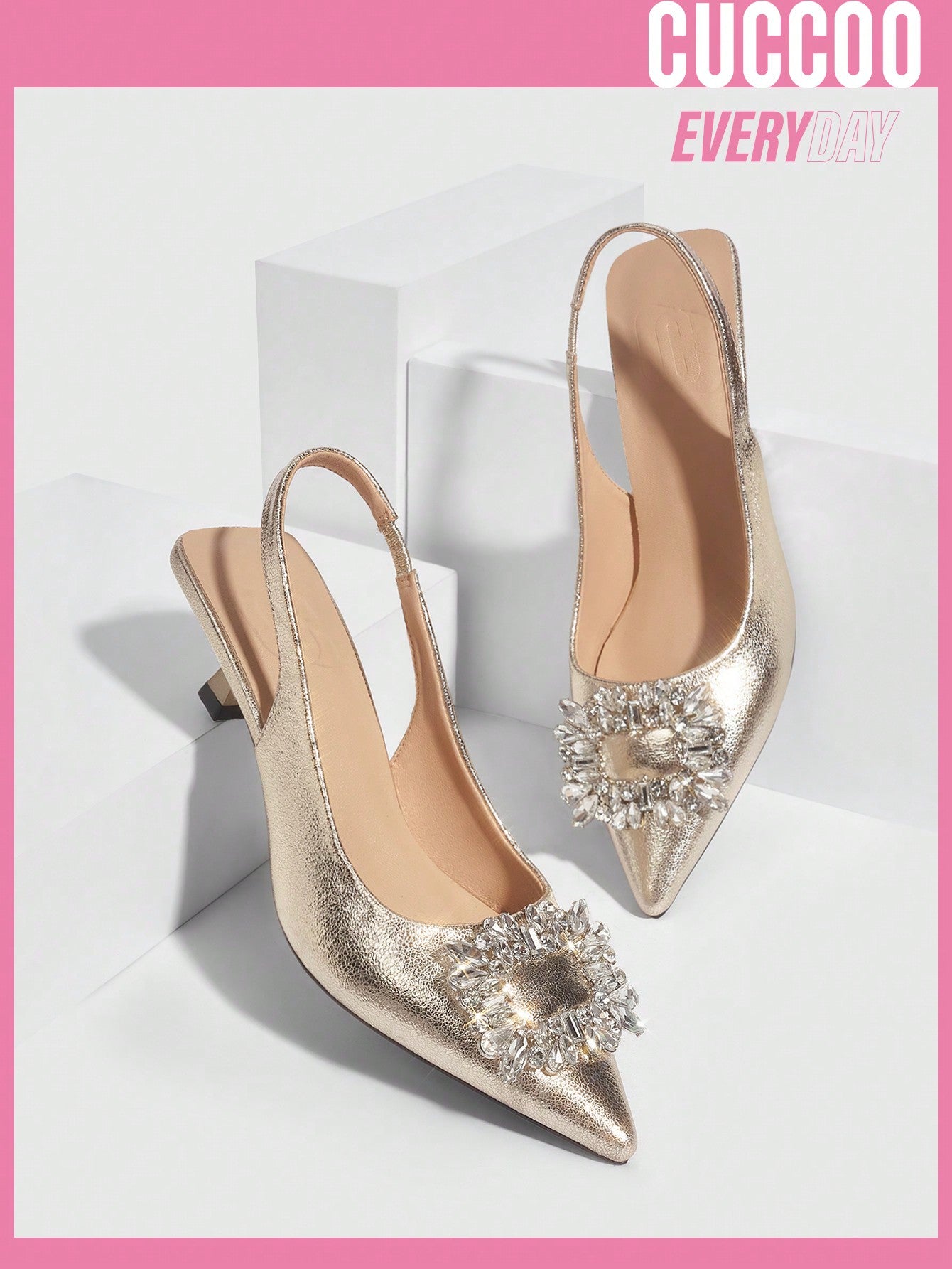 High heel sandals with rhinestone square buckle, backless, slip-on, gold pointed toe wedding shoes for spring - Women's fashion 