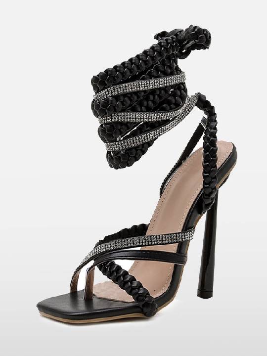 High Heel Sandals with Sparkling Crystal Ankle Strap