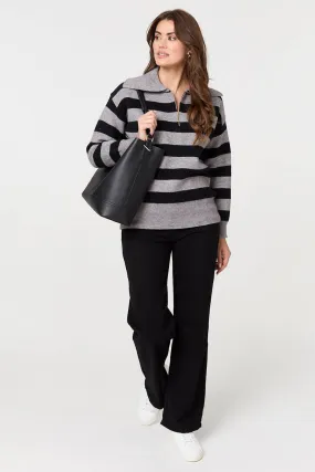 Izabel London Striped Zip Neck Collared Pullover