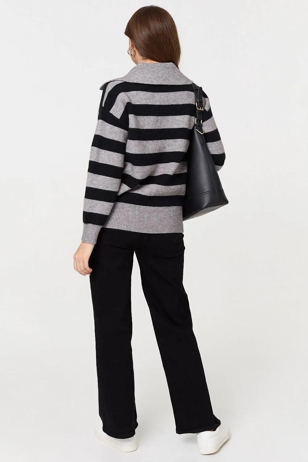 Izabel London Striped Zip Neck Collared Pullover